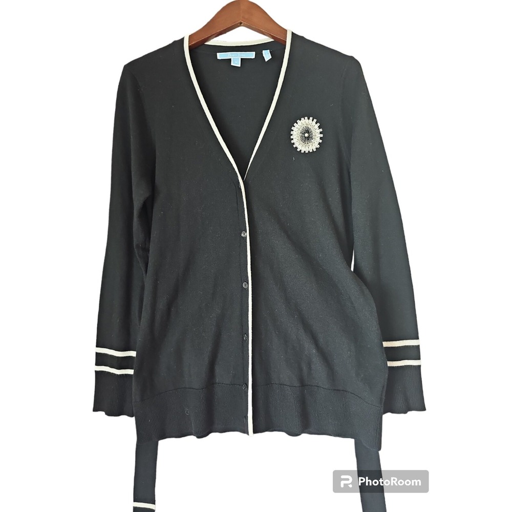 DRAPER JAMES Women's Belted V Neck Button Front Preppy Cardigan Sweater Size M - Picture 1 of 6